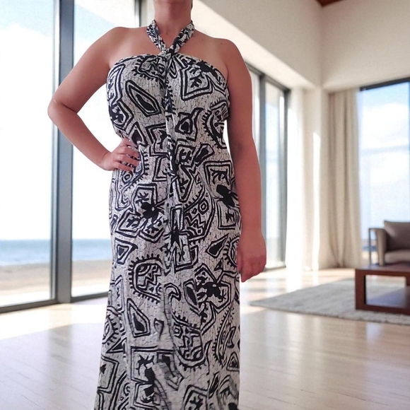 Vintage 70s HUKILAU FASHIONS Hawaiian Floral Tiki Sarong Wrap Dress Blue/Black - Picture 1 of 11